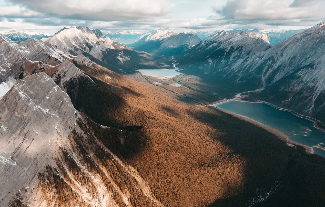 Photo wallpaper forest, clouds, mountains, lake, valley