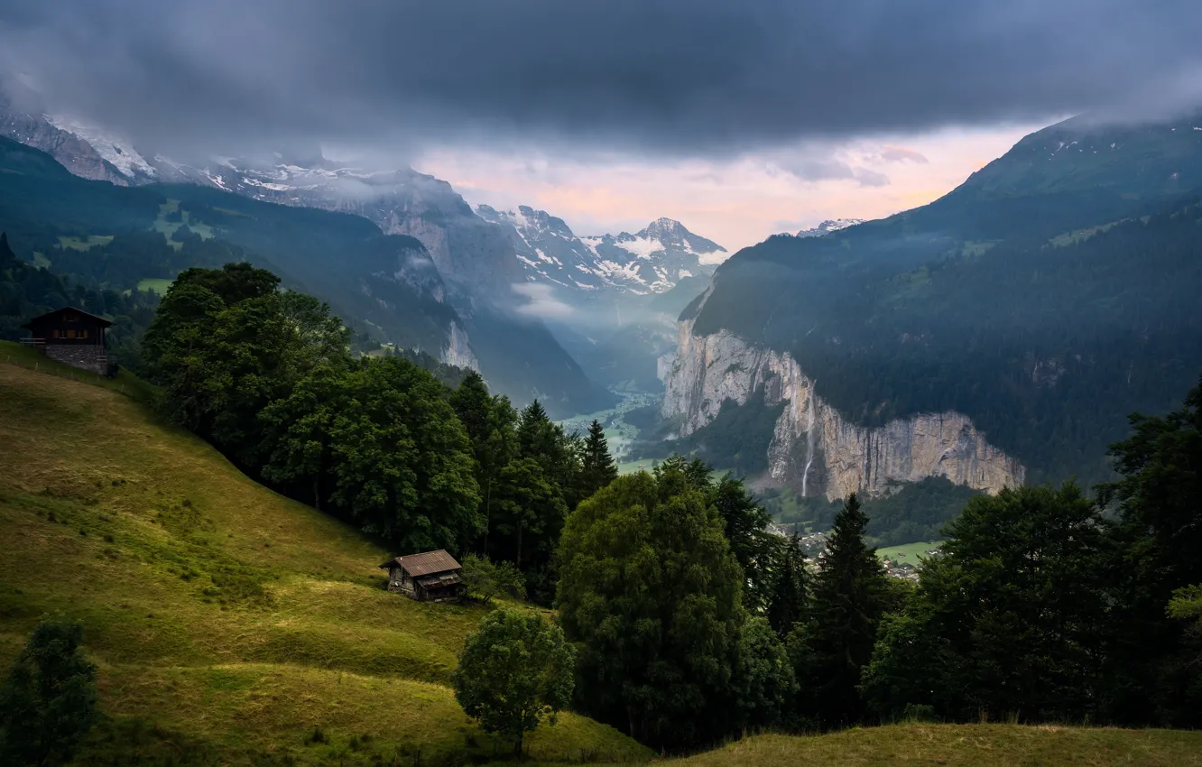 Photo wallpaper Mountains, morning, Switzerland, house, Lauterbrunnen, Wengen