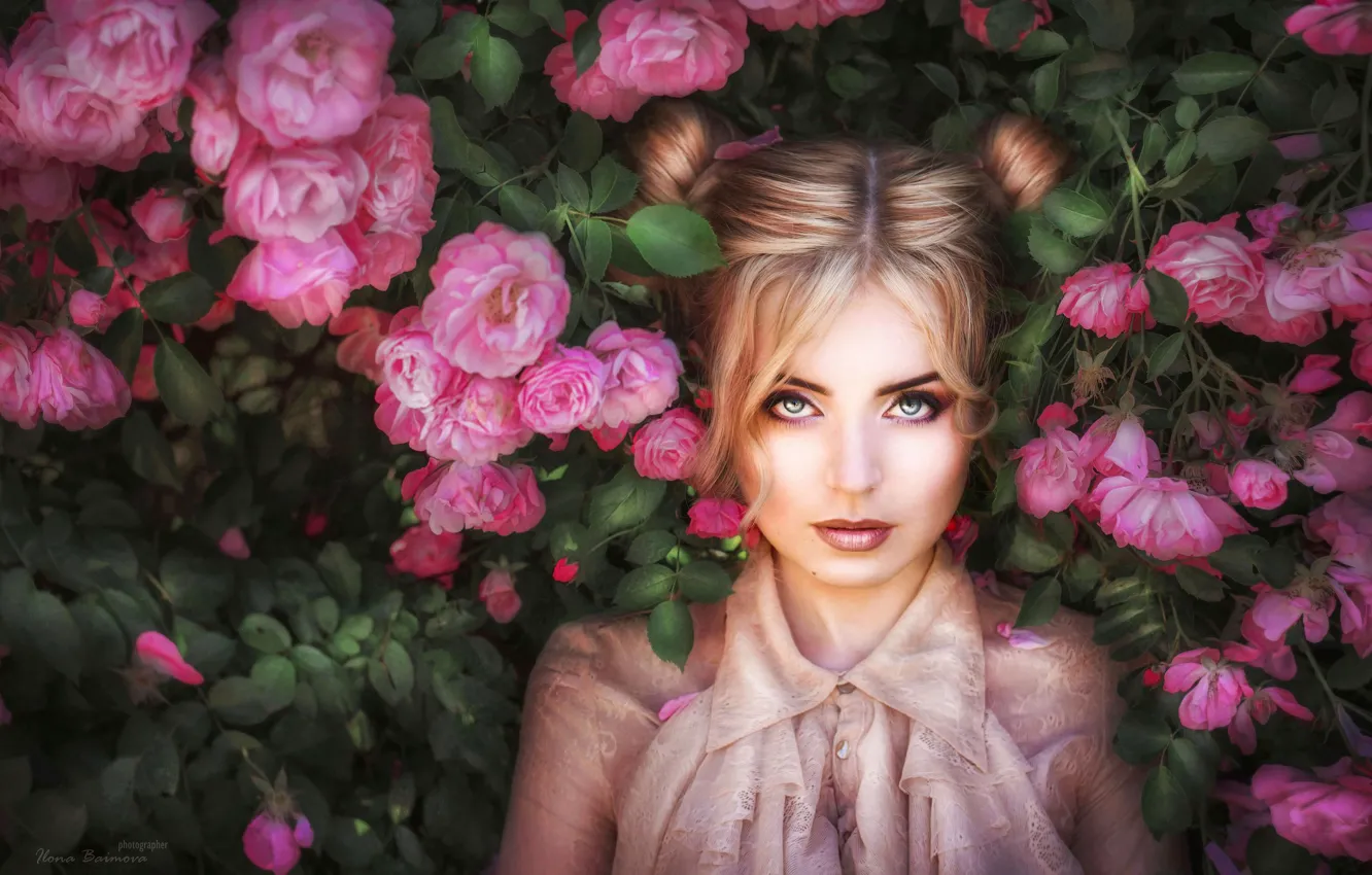 Photo wallpaper look, girl, flowers, face, roses, rose bushes, Ilona Bimova, Christina Believe