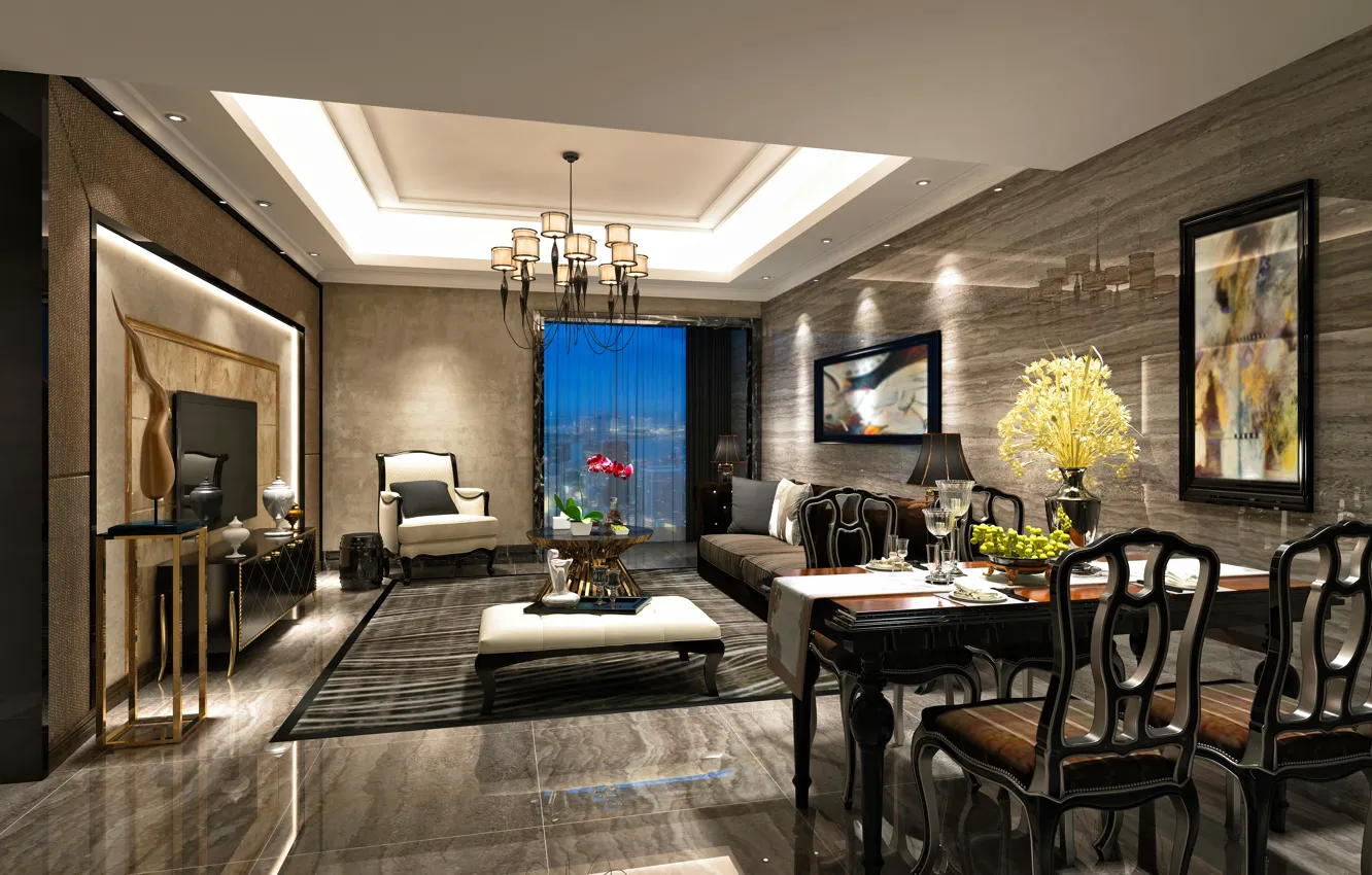 Photo wallpaper design, table, furniture, interior, chair, chandelier, living room