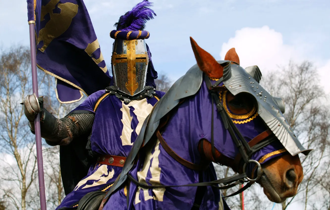 Photo wallpaper purple, horse, armor, hands, warrior, knight, coat of arms, club