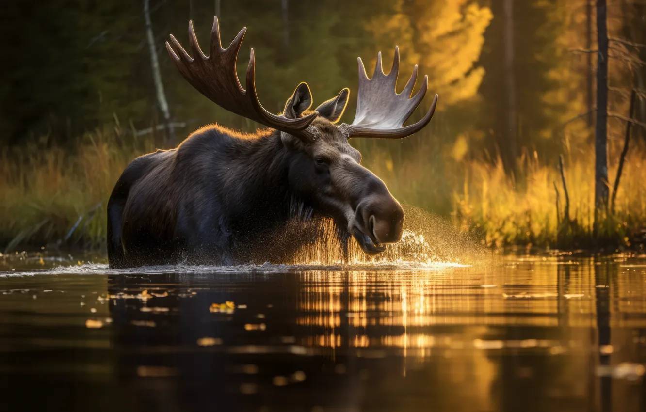 Photo wallpaper forest, water, horns, moose, neural network