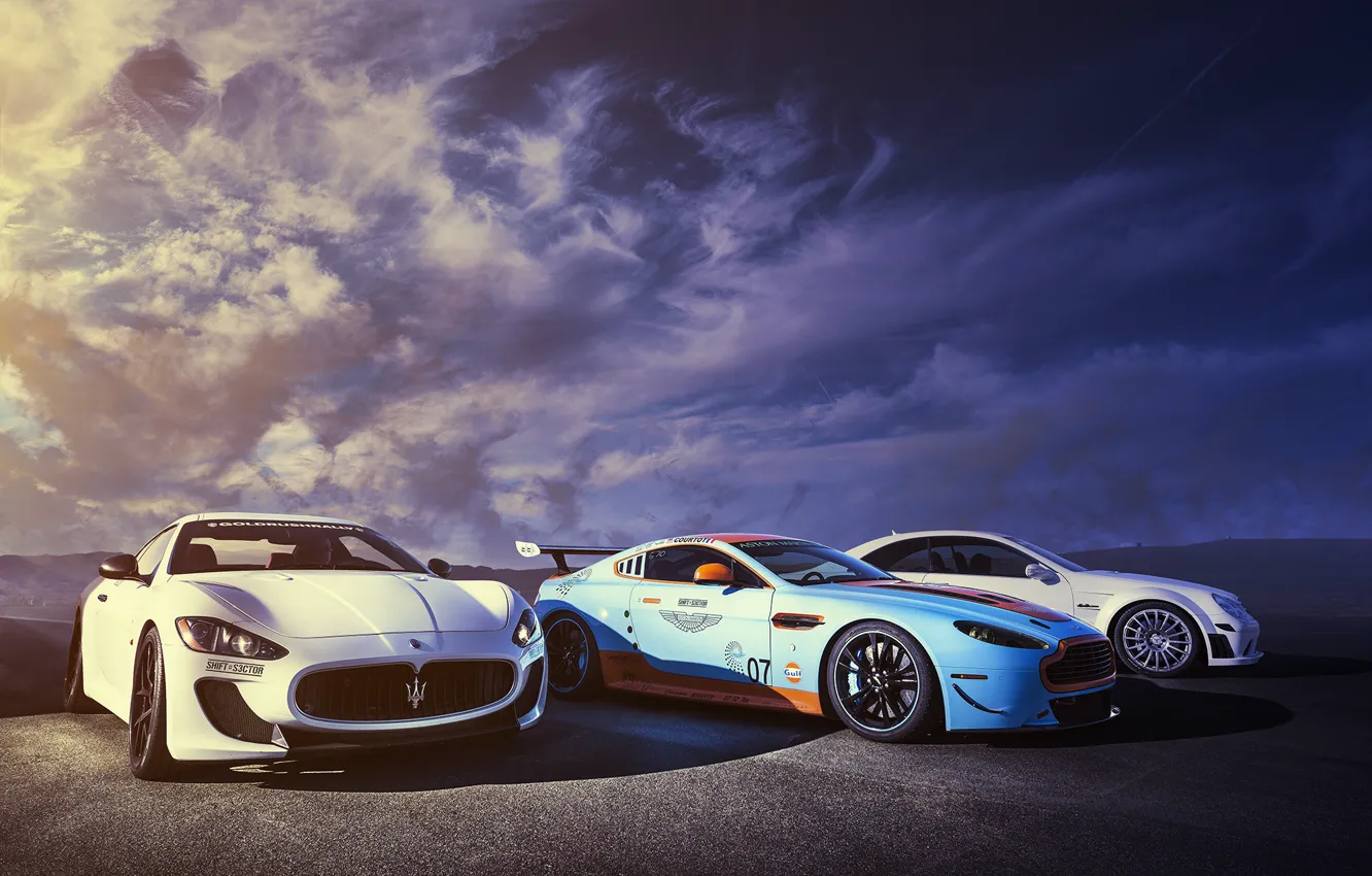 Photo wallpaper Aston Martin, Maserati, Mercedes-Benz, DBS, GranTurismo, MC Road