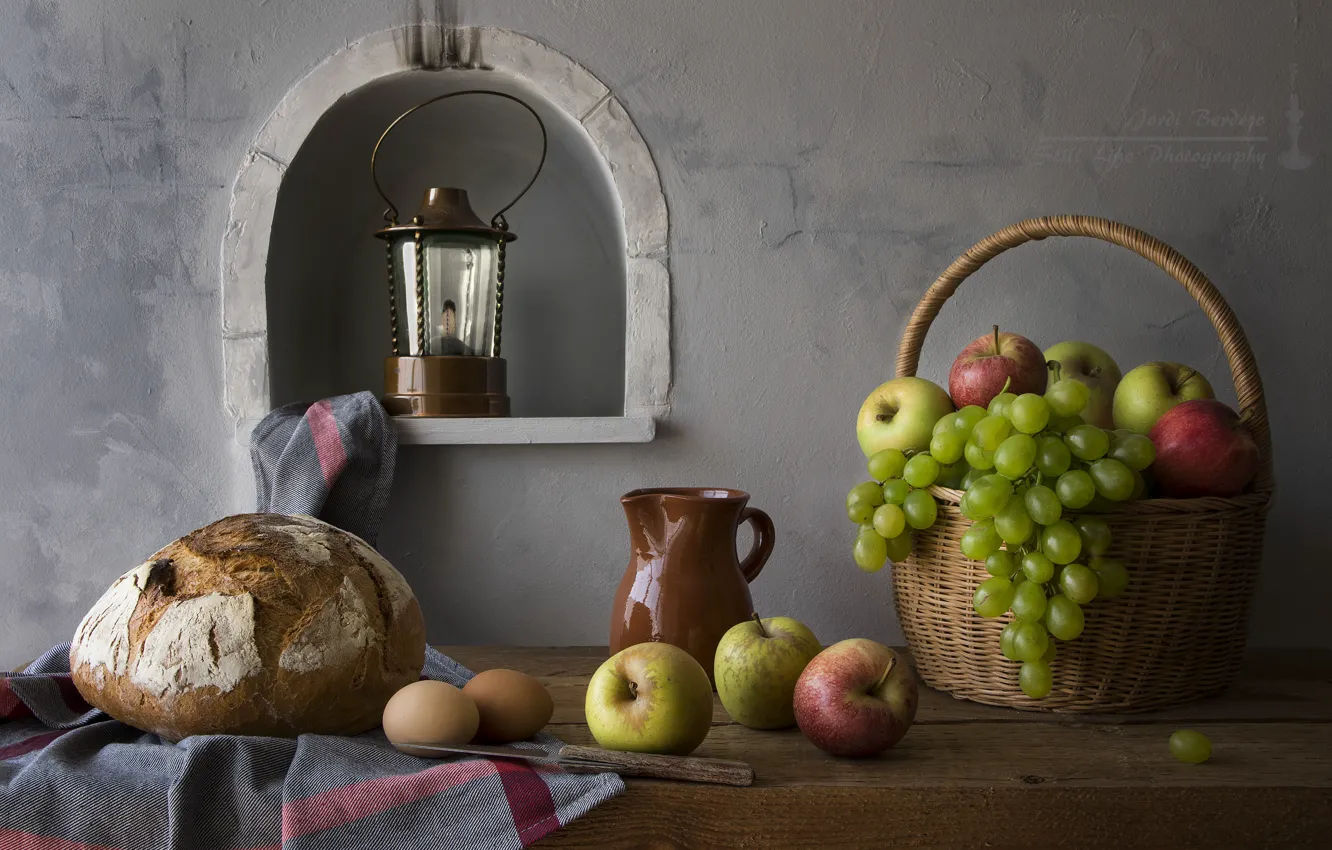 Photo wallpaper apples, lamp, eggs, bread, grapes, still life