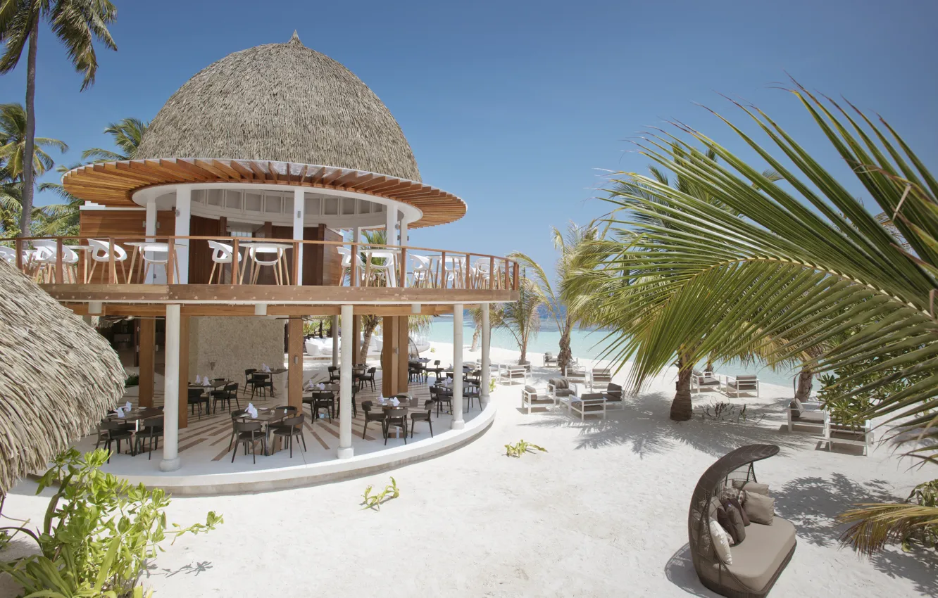 Photo wallpaper beach, palm trees, the ocean, restaurant, resort, Bungalow, Maldives, Kandolhu Island
