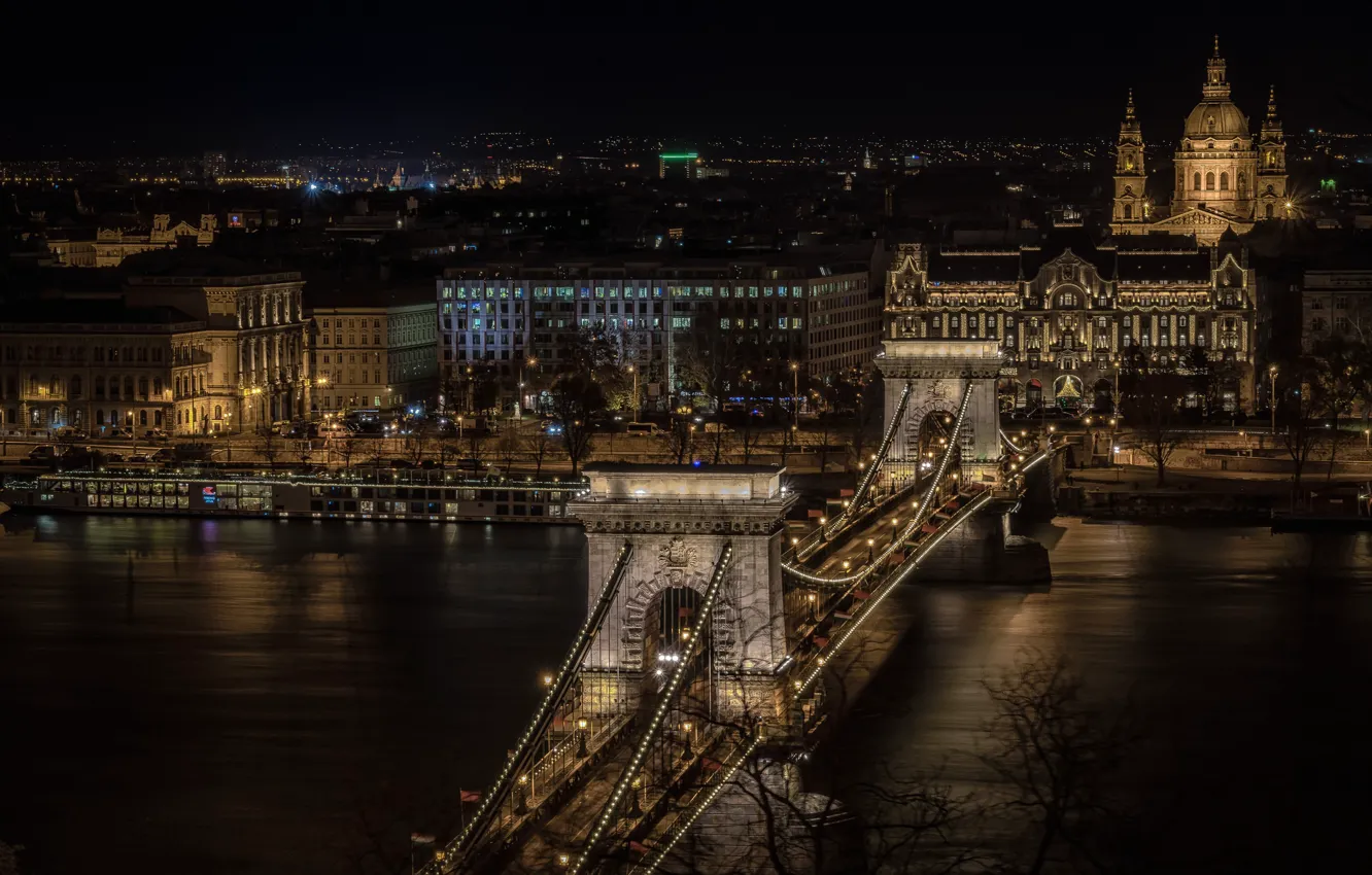 Photo wallpaper night, lights, river, panorama, Hungary, Budapest, The Danube, Chain bridge