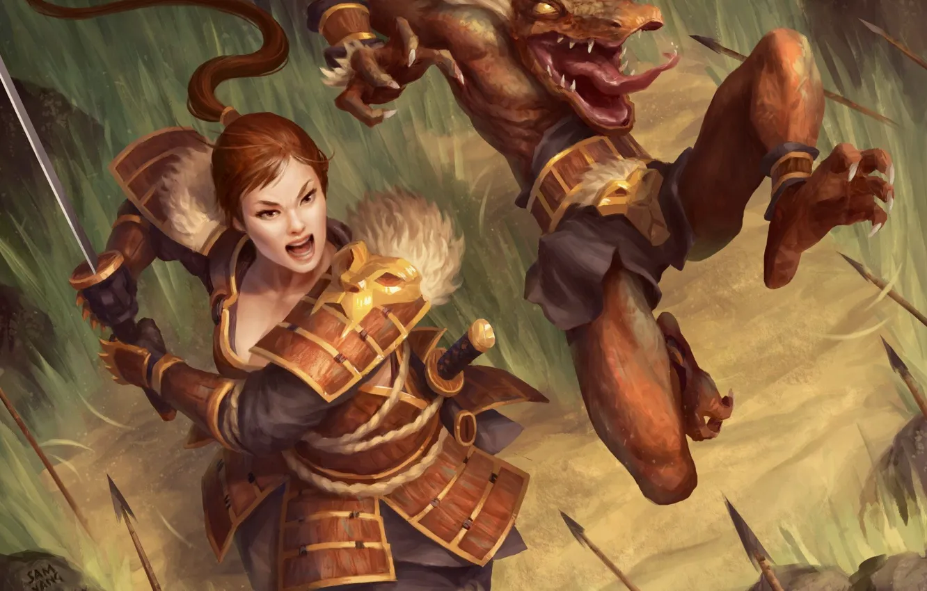 Photo wallpaper weapons, attack, sword, spear, Creek, digital art, The battle, Sam Yang