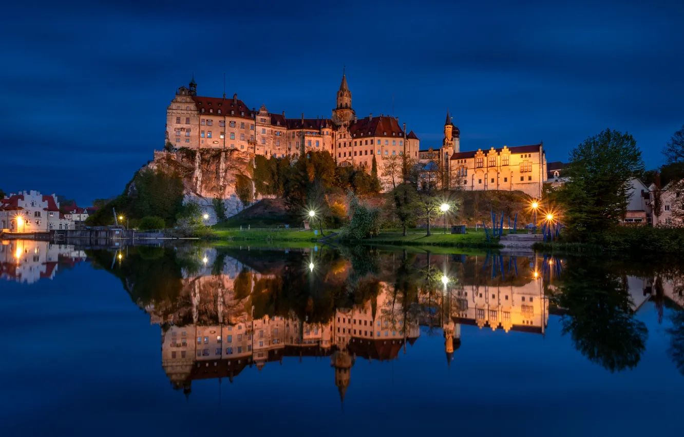 Photo wallpaper night, rock, reflection, river, castle, Germany, lights, Germany