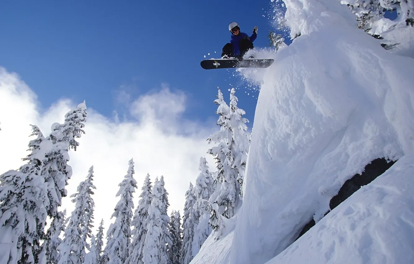 Photo wallpaper snow, flight, snowboard, spruce, extreme