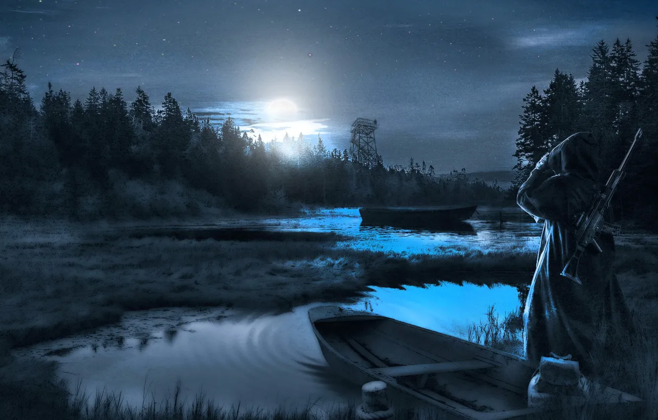 Photo wallpaper night, glow, boats, Stalker, pond, observation