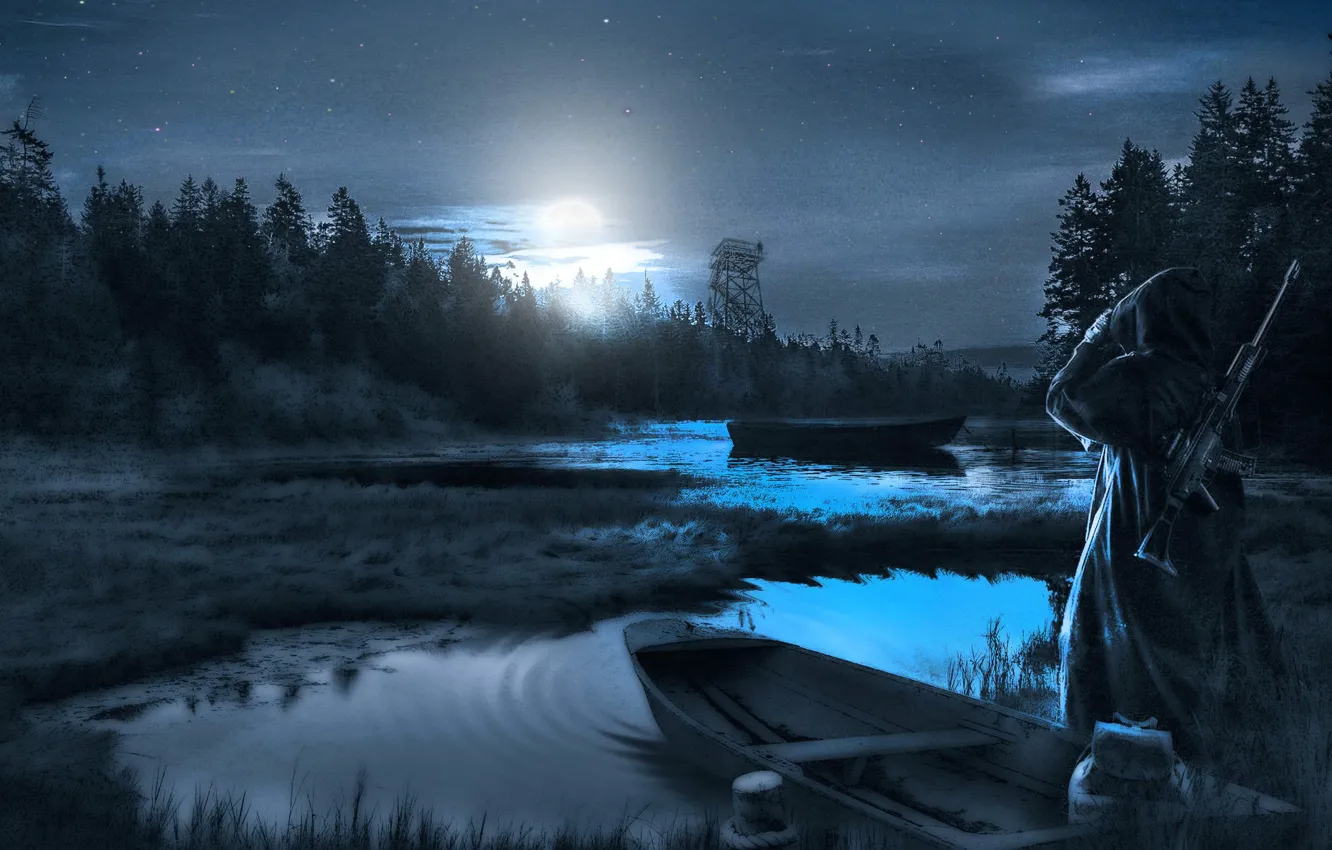 Photo wallpaper night, boat, glow, Stalker, pond, observation