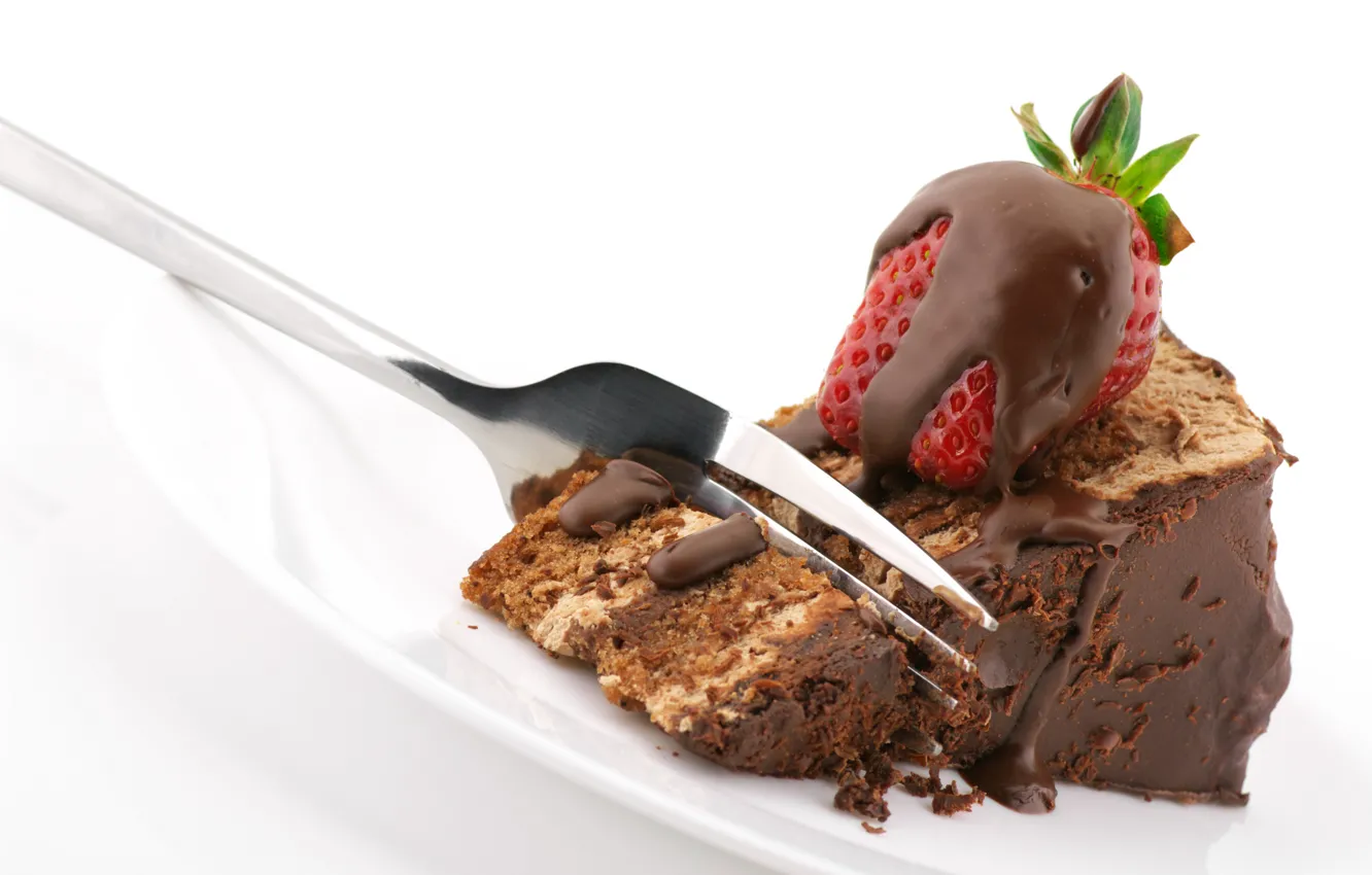 Photo wallpaper chocolate, strawberry, cake, plug, cream, dessert, piece, sweet