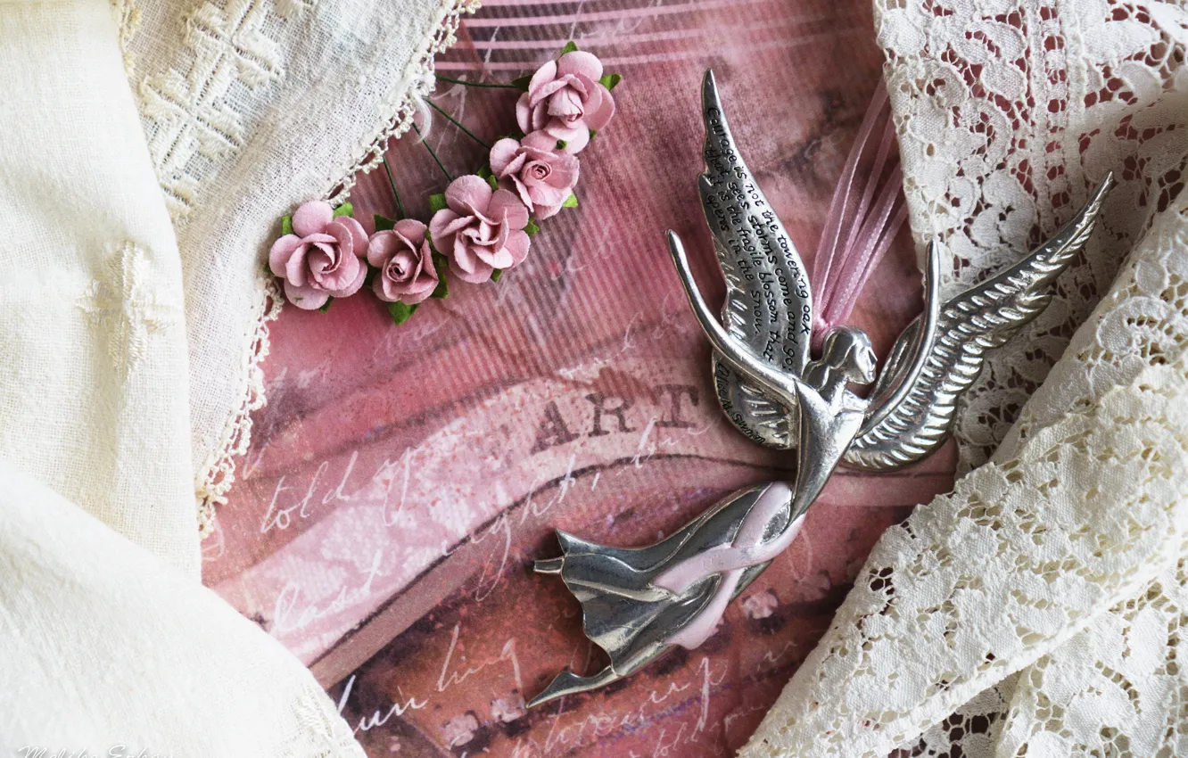 Photo wallpaper roses, wings, angel, lace, vintage