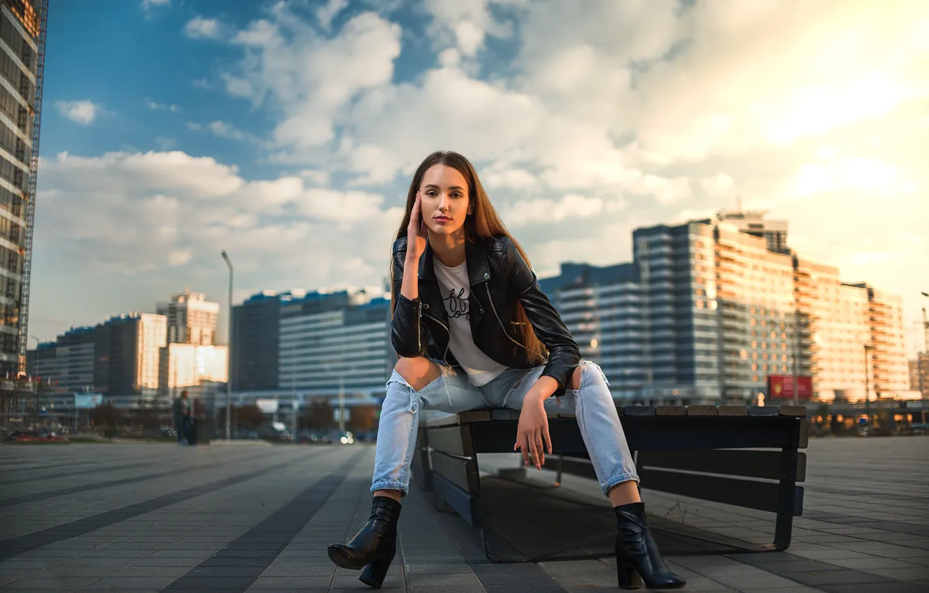 Photo wallpaper look, girl, pose, hair, jeans, brown hair, bokeh, Arina