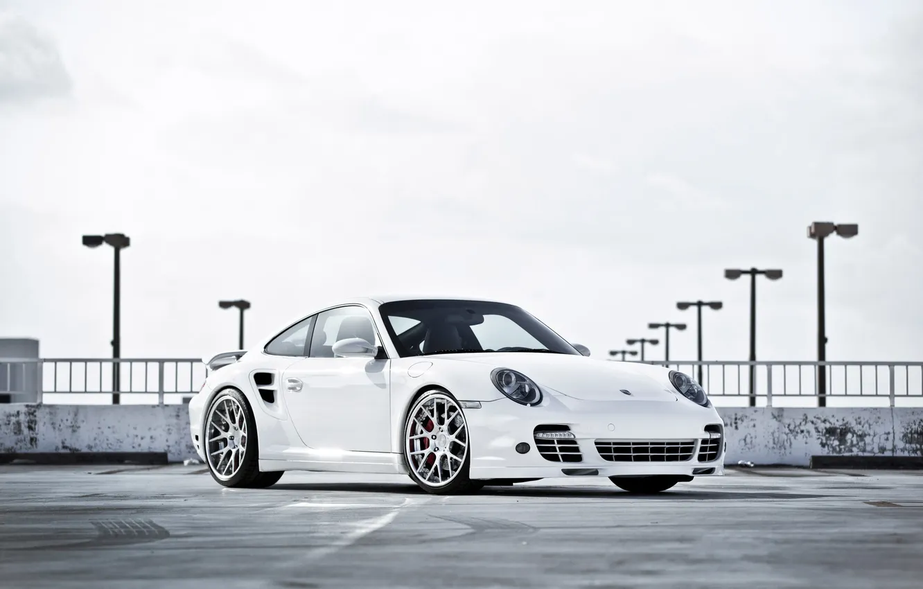 Photo wallpaper white, the sky, 997, Porsche, white, Porsche, Turbo, the front part