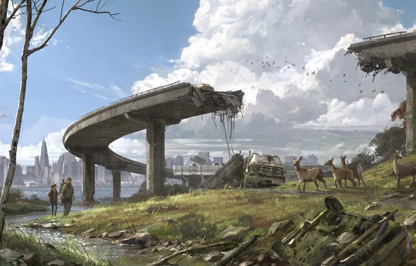 Photo wallpaper animals, bridge, the city, ruins, Ellie, USA, The Last of Us, Joel