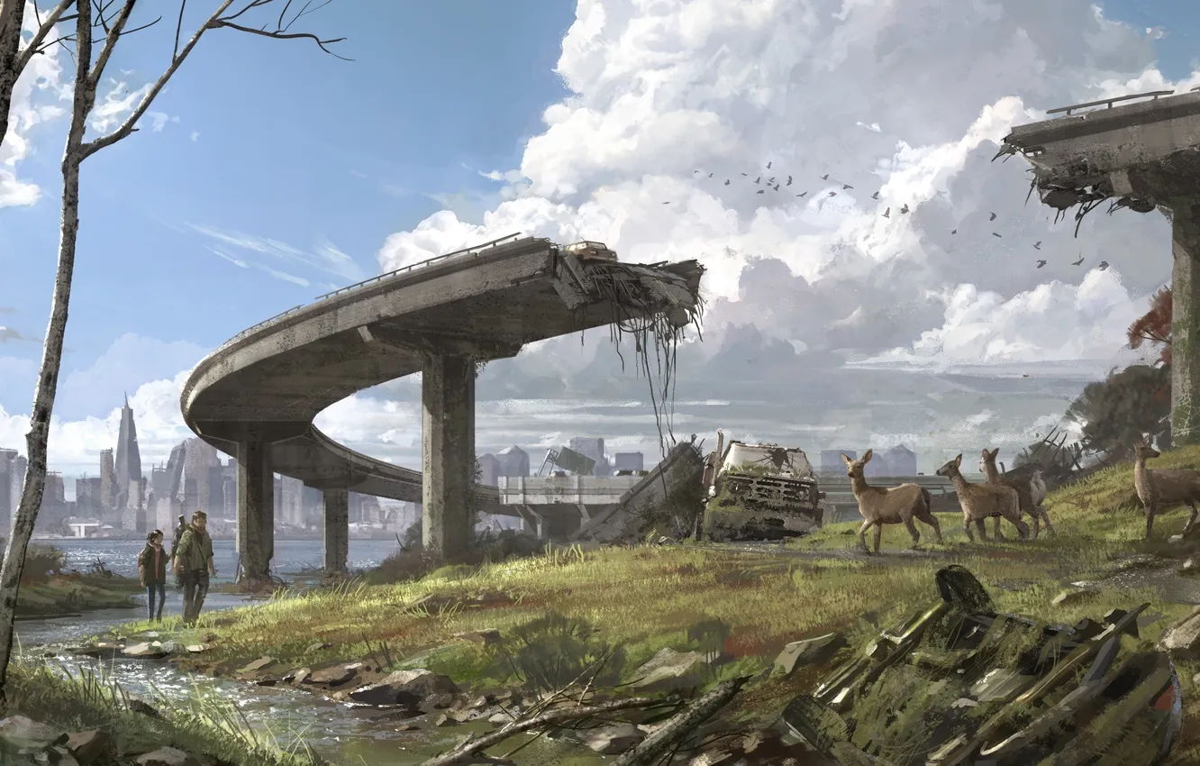 Photo wallpaper bridge, the city, animal, USA, ruins, Ellie, The Last of Us, Joel
