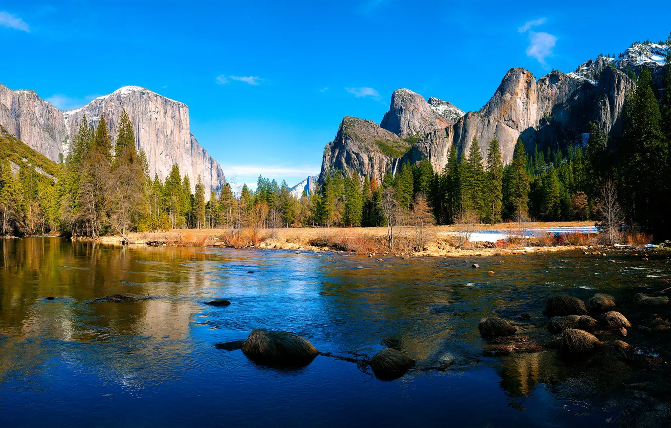 Photo wallpaper forest, mountains, nature, river, stones, Yosemite, National park, Valley View