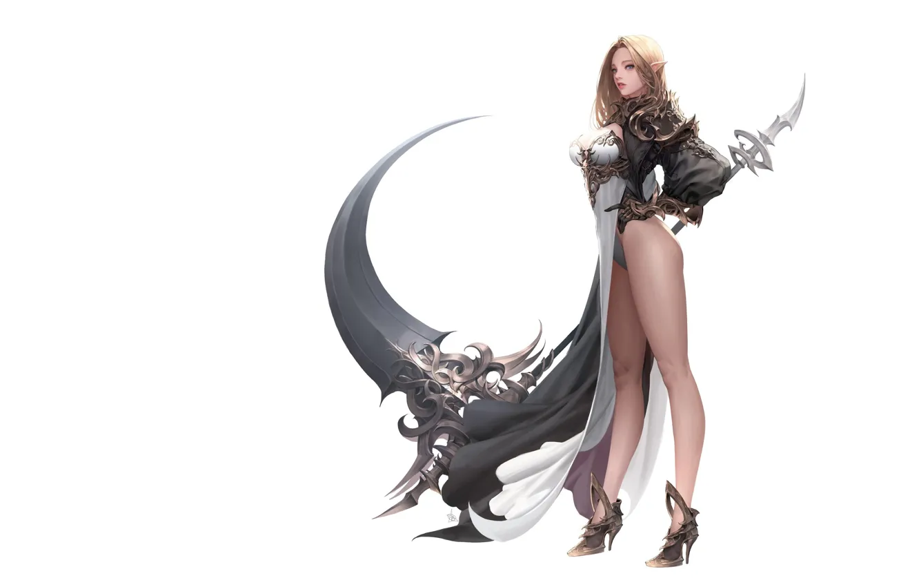 Photo wallpaper girl, fantasy, weapons, elf, the game, minimalism, warrior, art