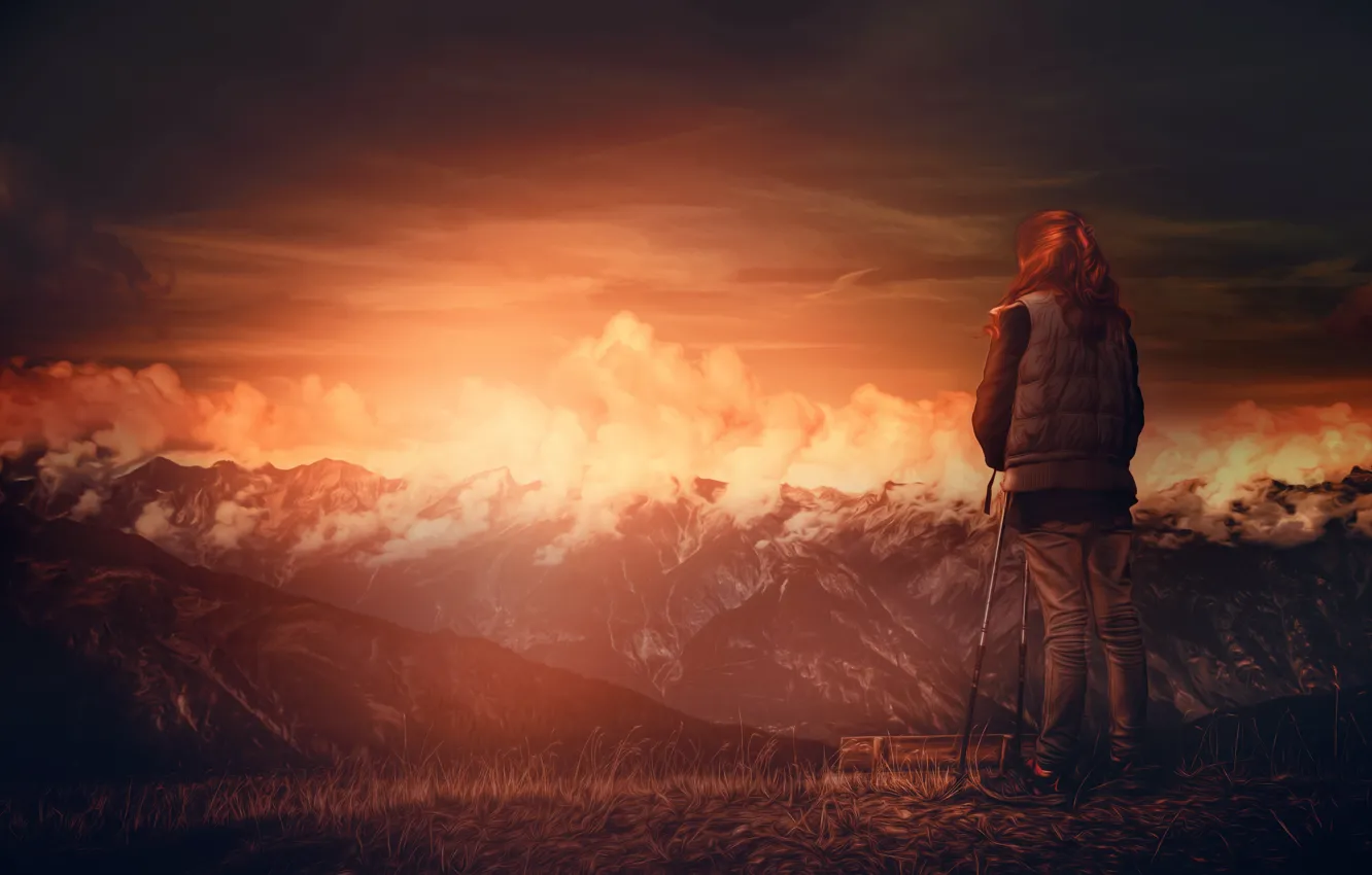 Photo wallpaper the sky, girl, mountains, treatment, Daylight dies