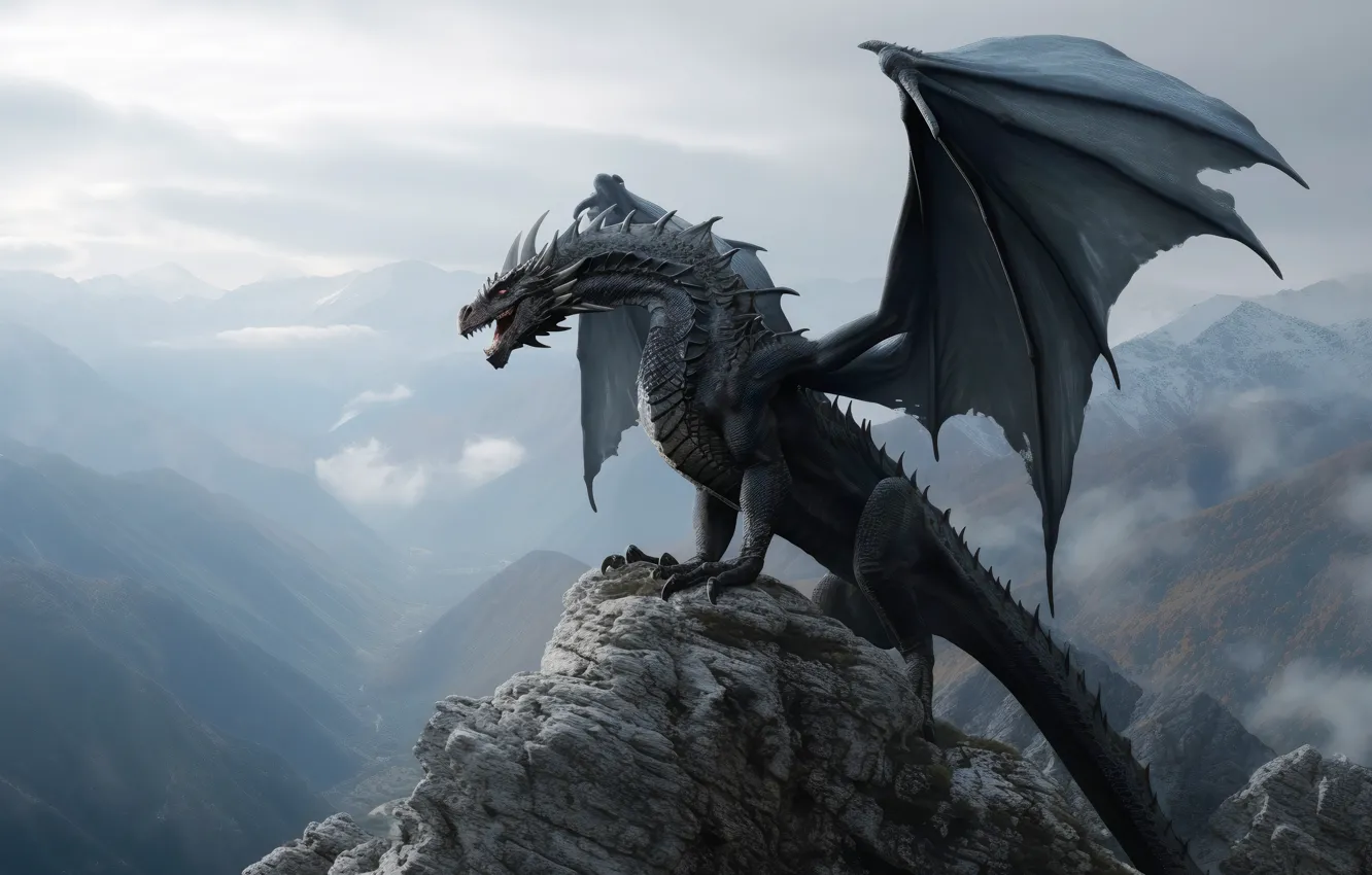 Photo wallpaper Clouds, Mountains, Dragon, Dawn, Wings, Digital art, AI art, The Art of Artificial Intelligence