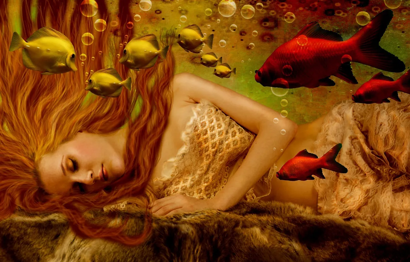 Photo wallpaper water, girl, fish, bubbles, face, fiction, hair, mermaid