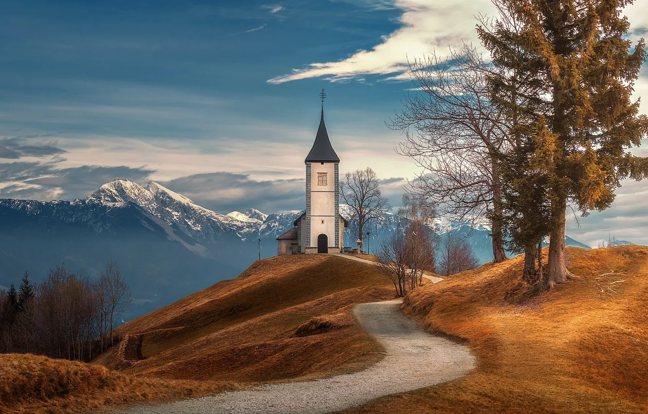 Photo wallpaper road, trees, mountains, Church