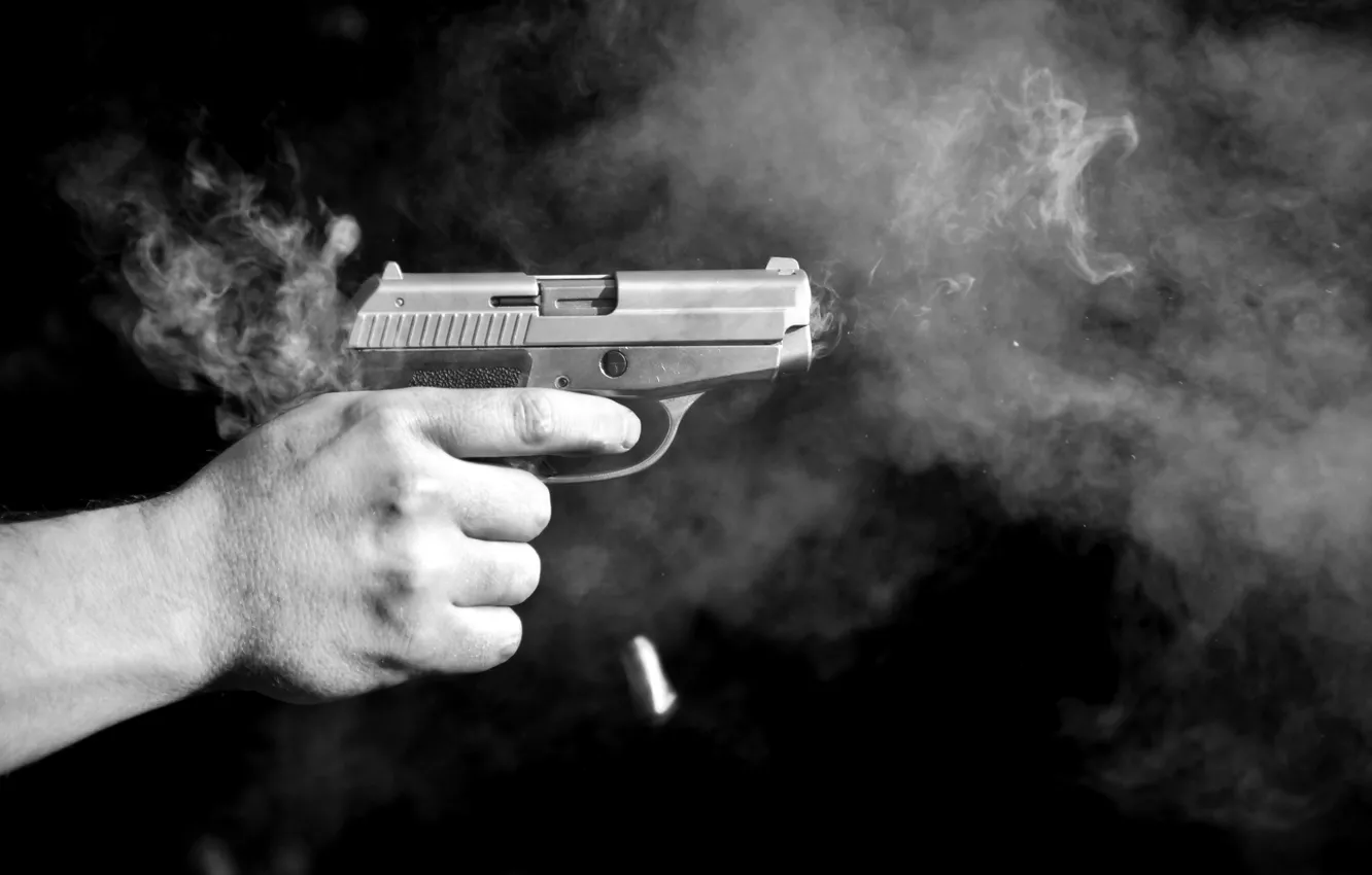 Photo wallpaper gun, hand, shot, Gunpowder