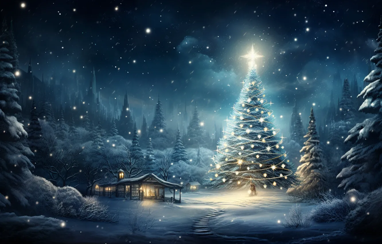 Photo wallpaper winter, frost, forest, stars, light, snow, night, lights