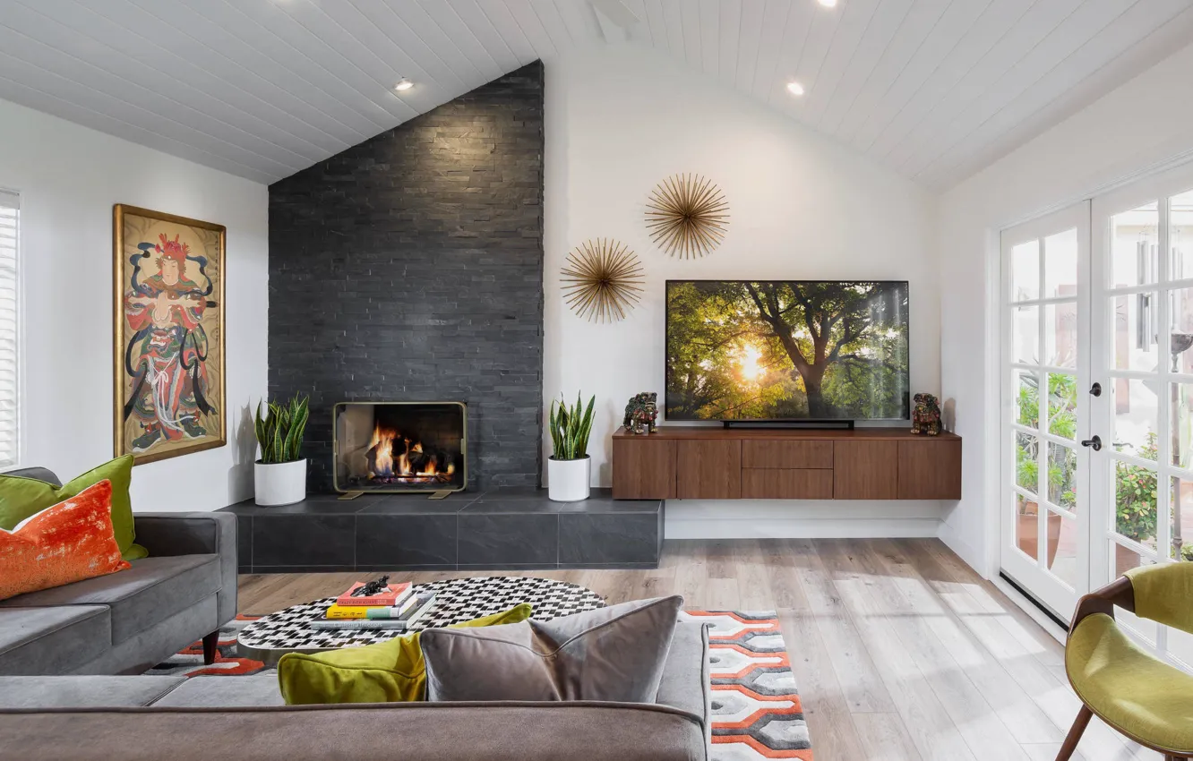 Photo wallpaper design, interior, CA, fireplace, California, retro style, living room, Naples