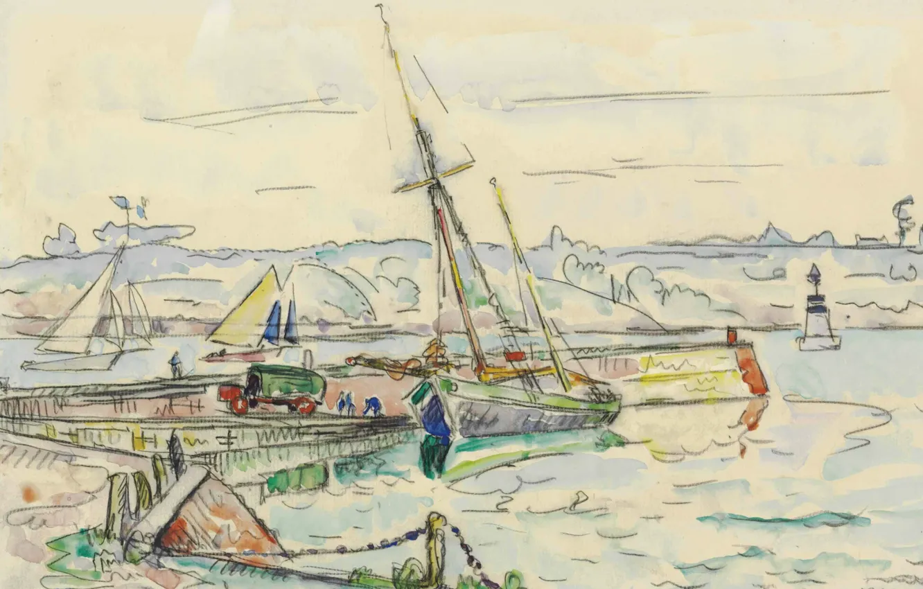 Photo wallpaper figure, watercolor, Paul Signac, Lézardrieux. Sailboat at the Dock