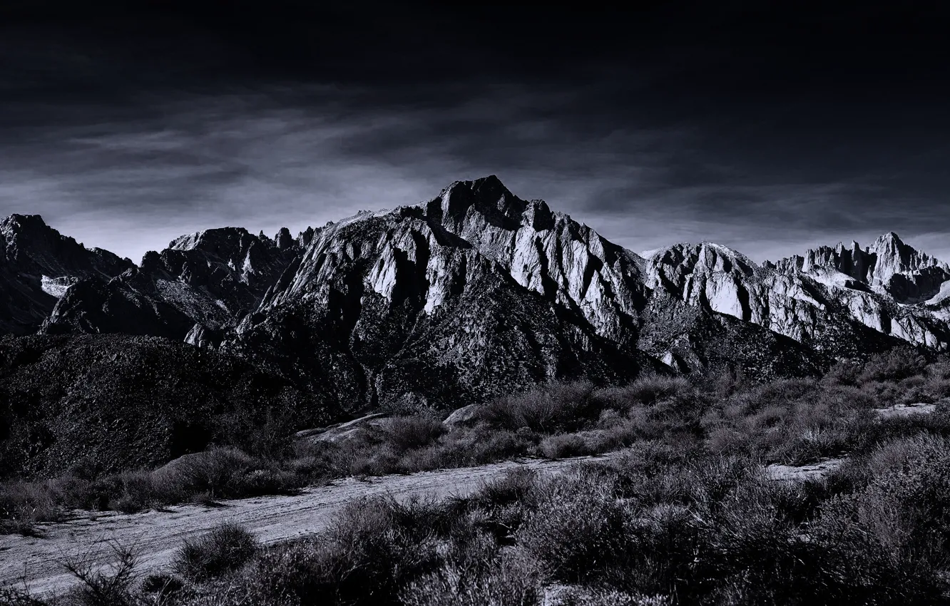 Photo wallpaper the sky, clouds, mountains, nature, rocks, black and white, monochrome, shrub