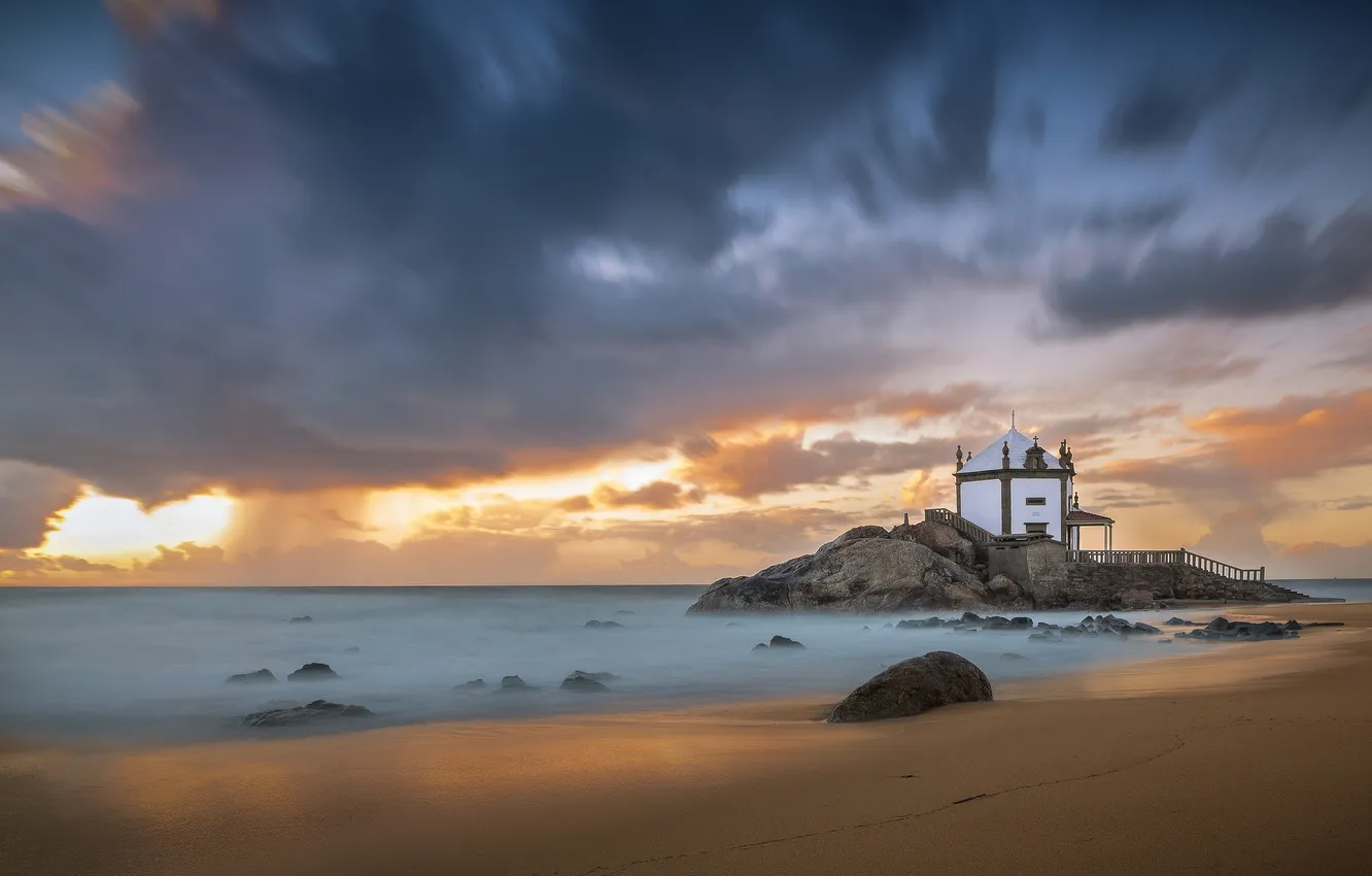 Photo wallpaper sea, clouds, light, clouds, stones, rocks, shore, morning