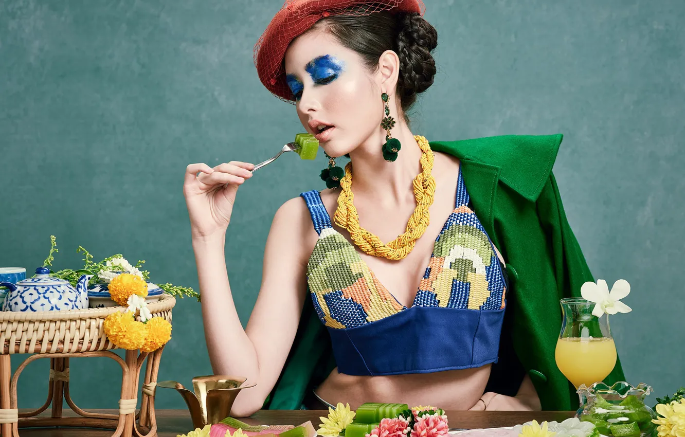 Photo wallpaper girl, decoration, flowers, style, food, makeup, hat, Asian