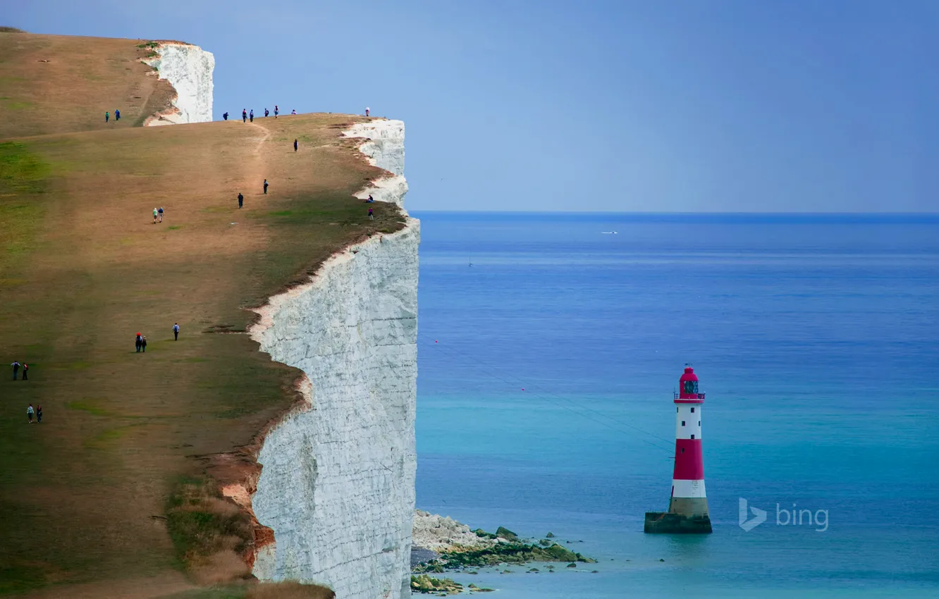 Photo wallpaper sea, the sky, rock, people, open, lighthouse, England, England
