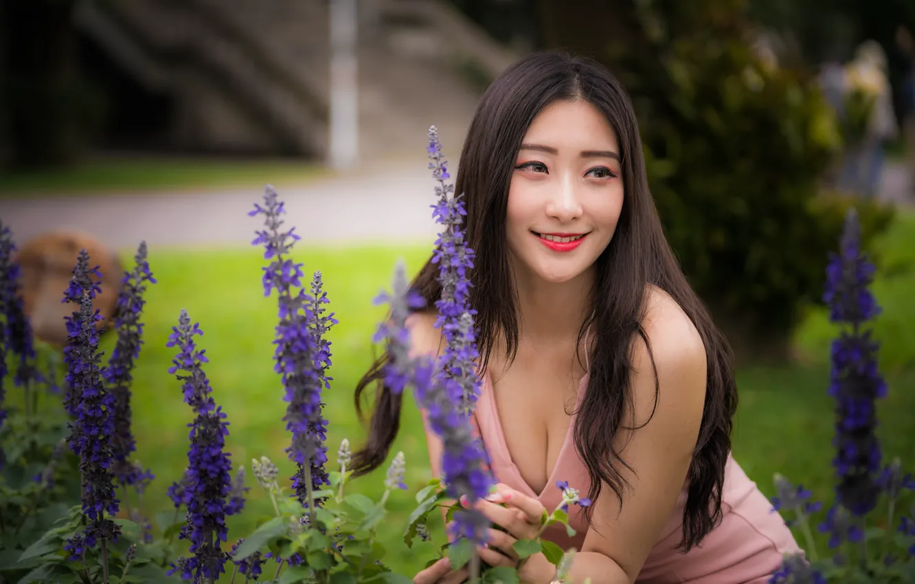 Photo wallpaper girl, smile, sweetheart, Asian, bokeh