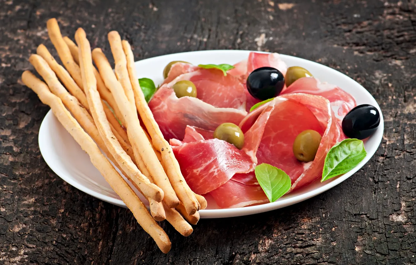 Photo wallpaper leaves, Board, sticks, plate, meat, olives, bokeh, cutting