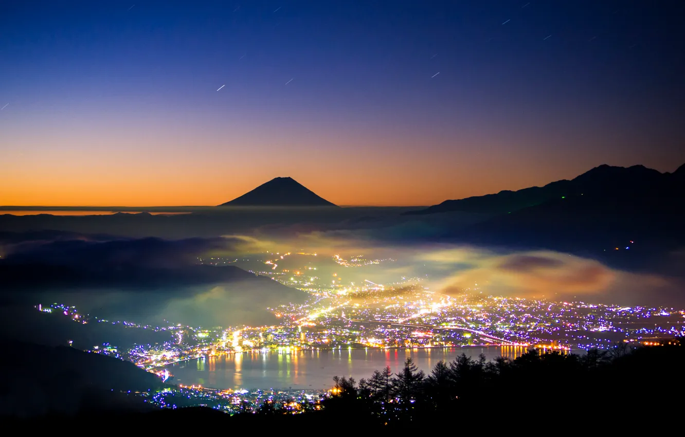 Photo wallpaper night, lights, mountain, the evening, Japan, Fuji, stratovolcano, Mount Fuji