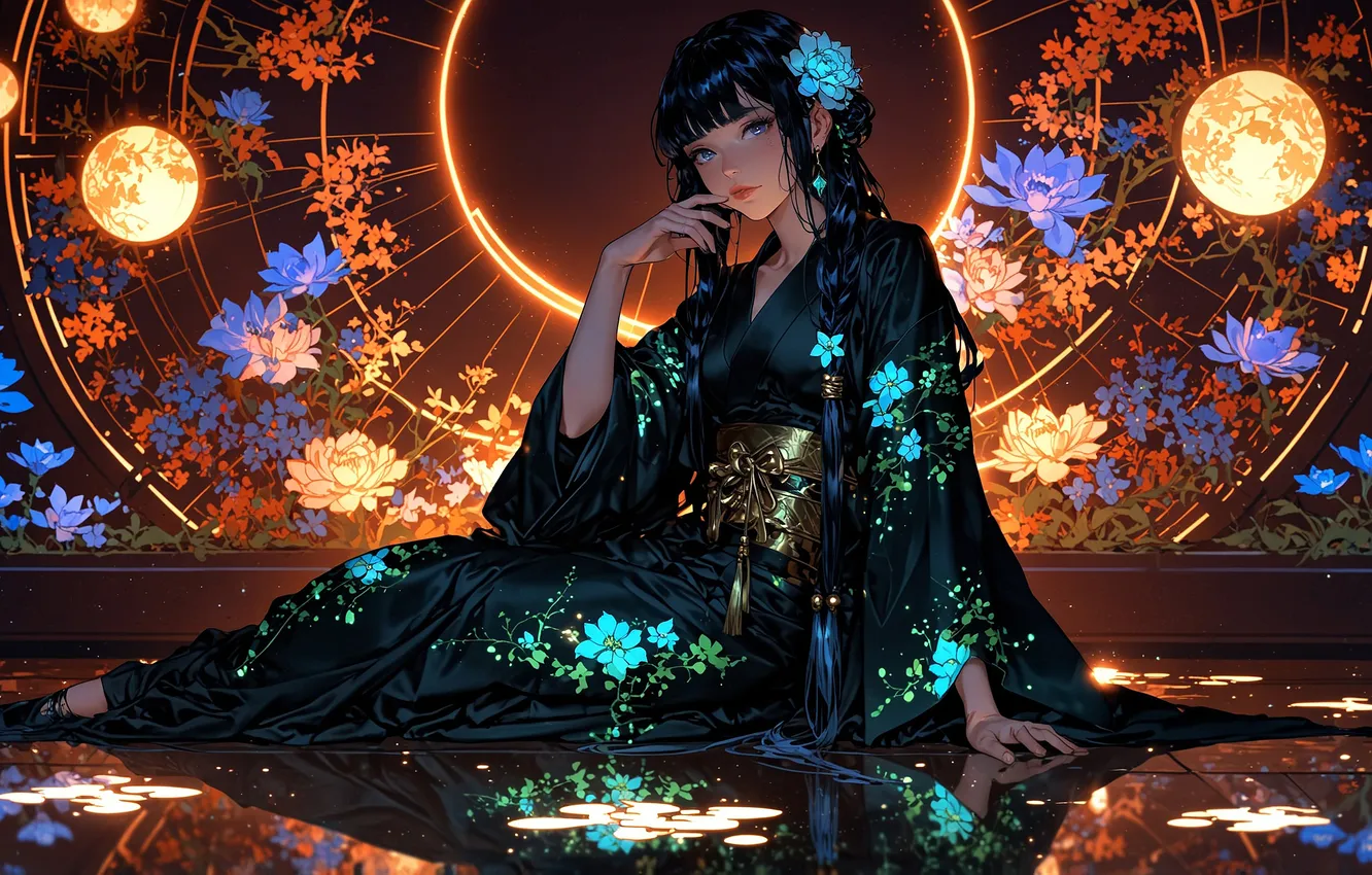 Photo wallpaper girl, anime, flowers, Neon, kimono, AI Art