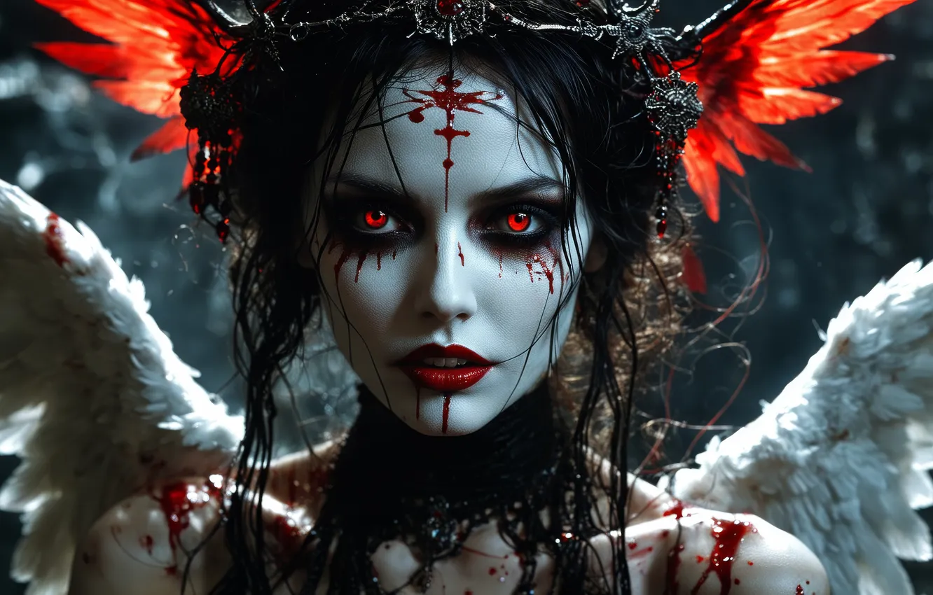 Photo wallpaper blood, wings, the demon, vampire, red eyes, bokeh, digital art, vampire