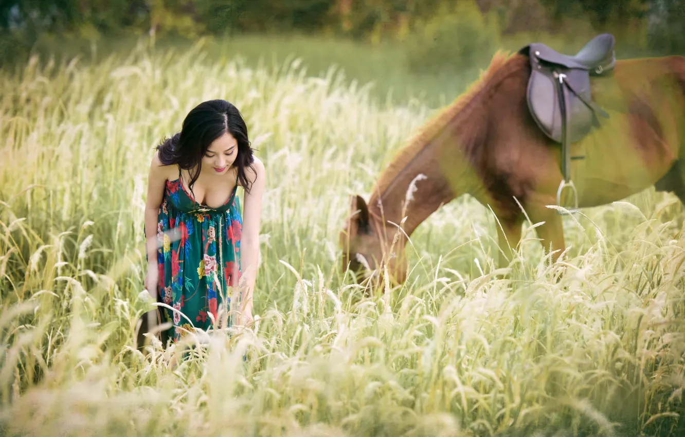 Photo wallpaper summer, grass, horse, horse, dress, walk, Asian