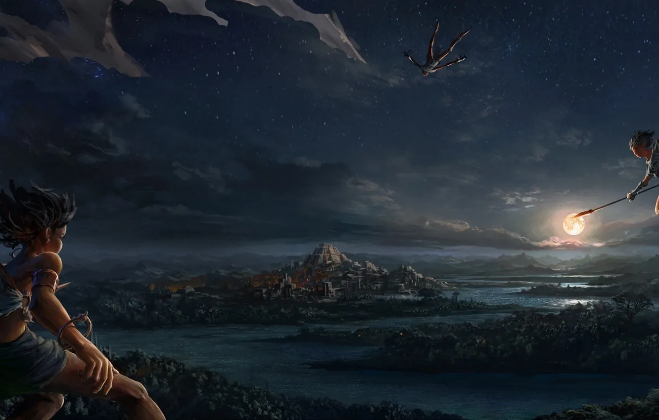 Photo wallpaper girl, flight, night, weapons, the moon, art, temple, spear