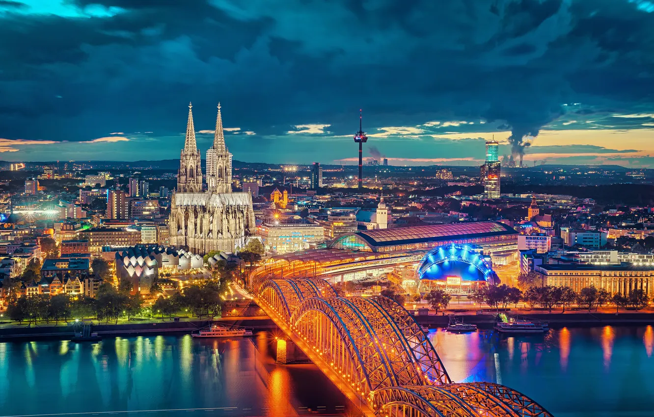 Photo wallpaper bridge, the city, lights, river, the evening, Germany, Cologne Cathedral, Cologne