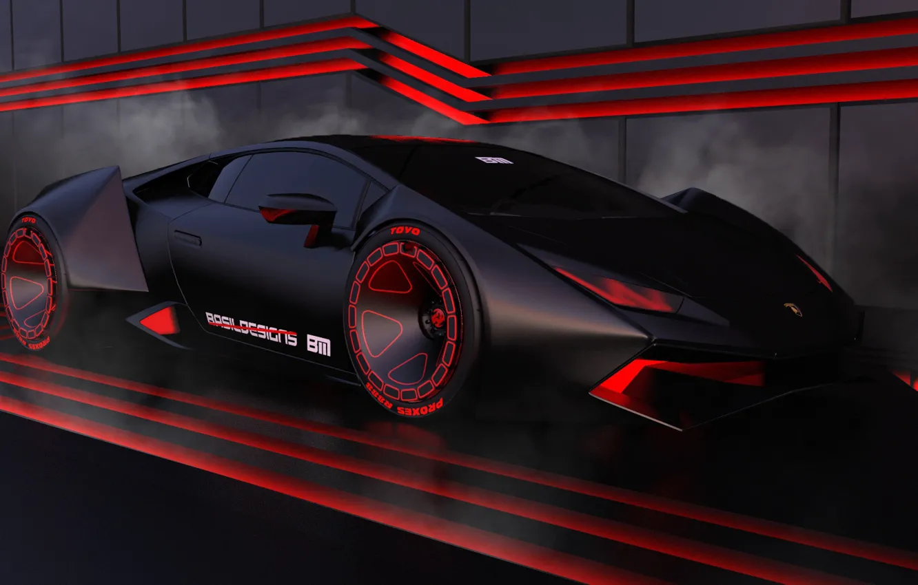 Photo wallpaper machine, auto, rendering, neon, Lamborghini, supercar, Huracan, Lamborghini Huracan