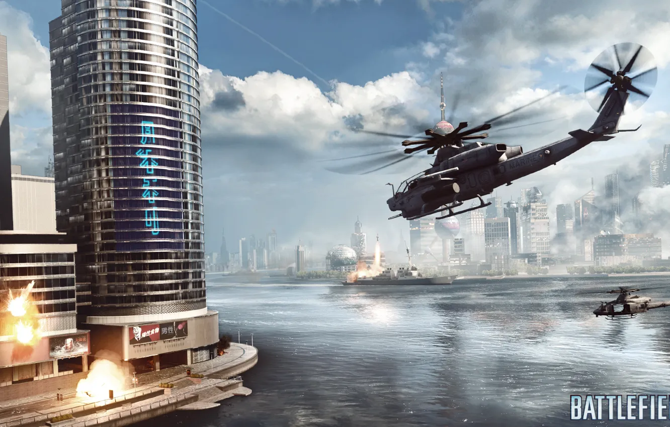 Photo wallpaper skyscrapers, helicopter, Battlefield 4, Siege on Shanghai