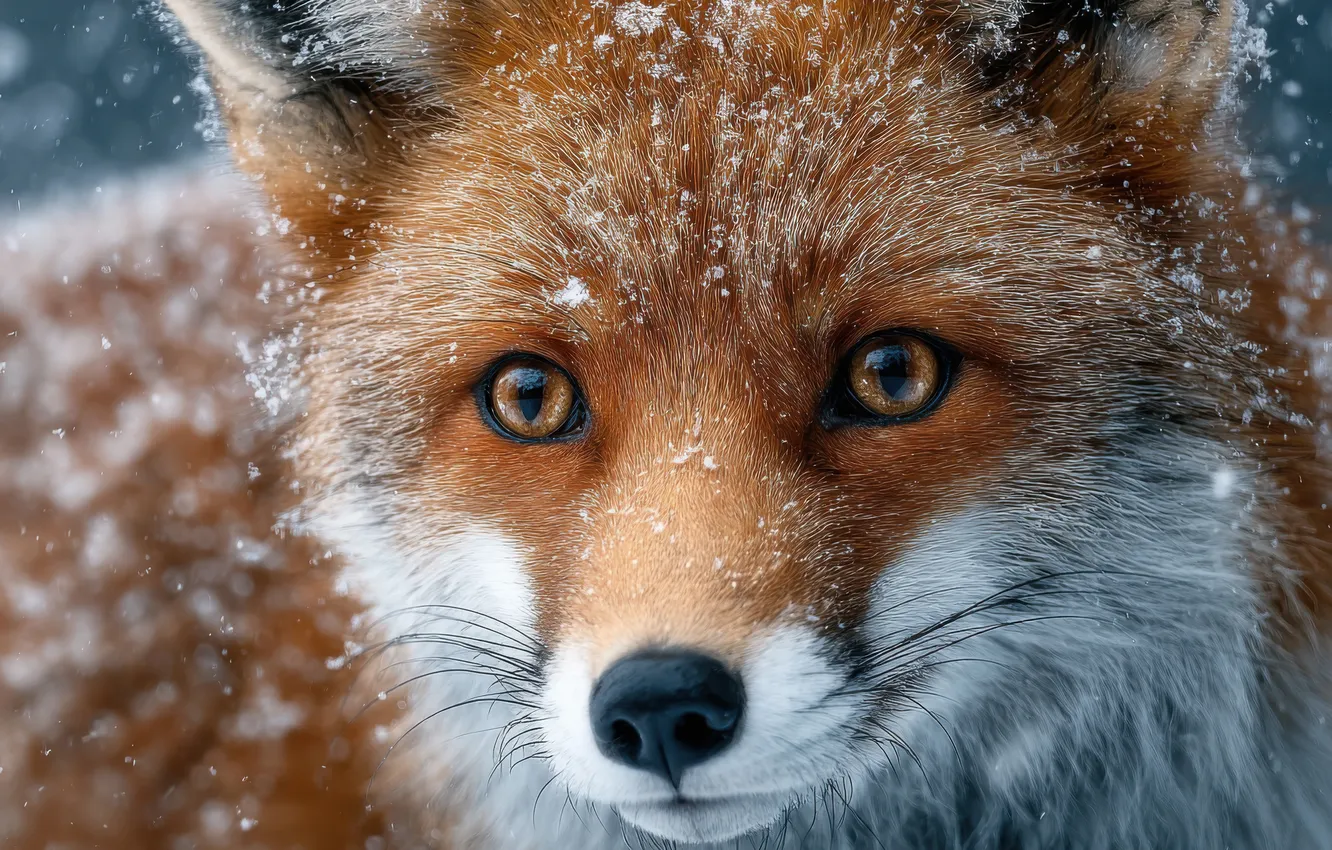 Photo wallpaper winter, look, snow, portrait, Fox, red, face, snowfall