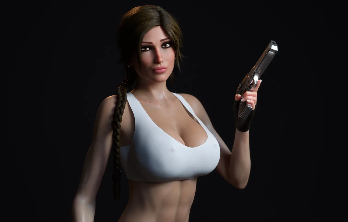 Photo wallpaper chest, girl, gun, beauty, Tomb Raider, Lara Croft