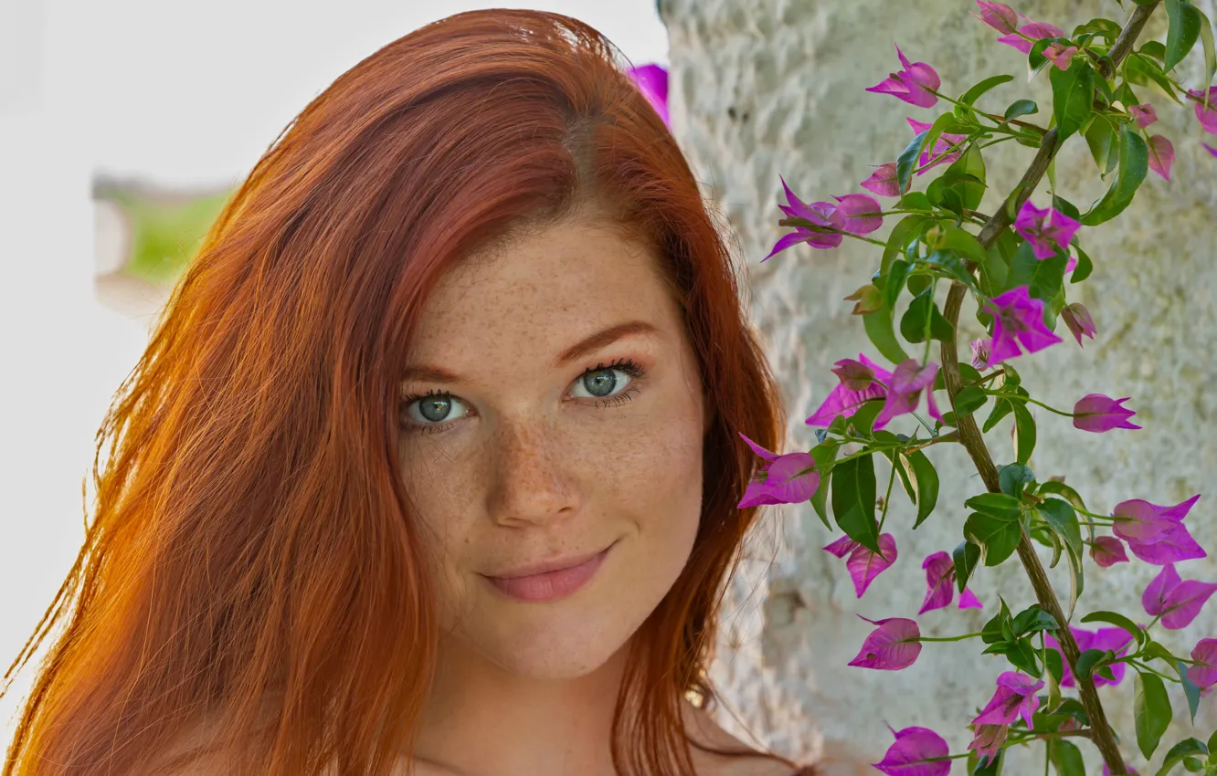 Photo wallpaper woman, young, eyes, smile, flowers, model, redhead, look