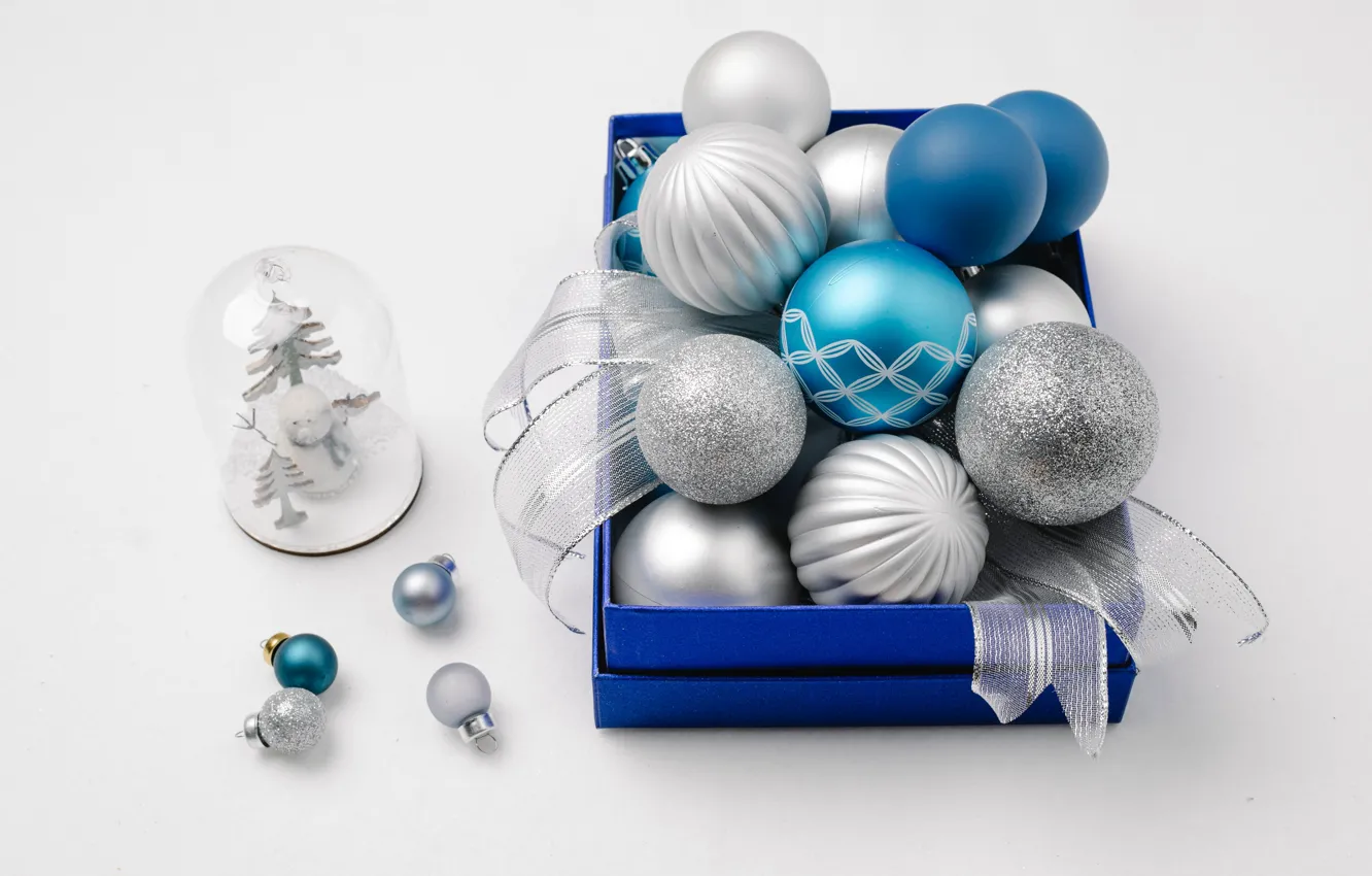 Photo wallpaper balls, holiday, box, blue, Christmas, New year, snowman, light background