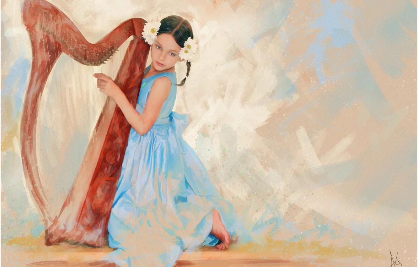 Photo wallpaper music, blue, figure, graphics, picture, dress, harp, girl
